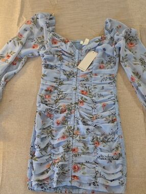Light Blue Floral Ruched Mini Dress